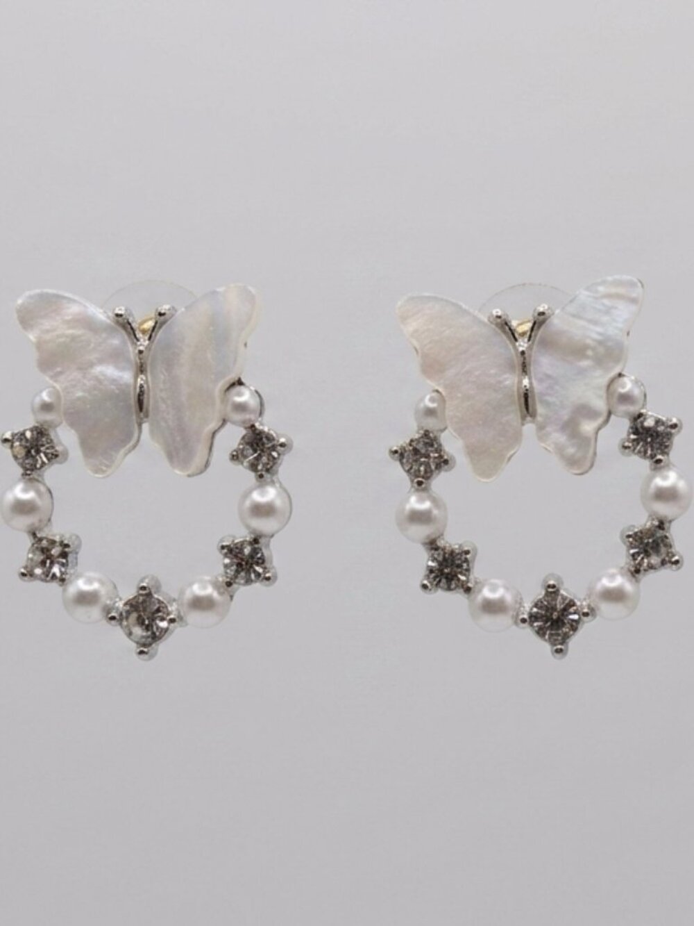 Pearl & Rhinestone Butterfly Hoop Stud Earrings